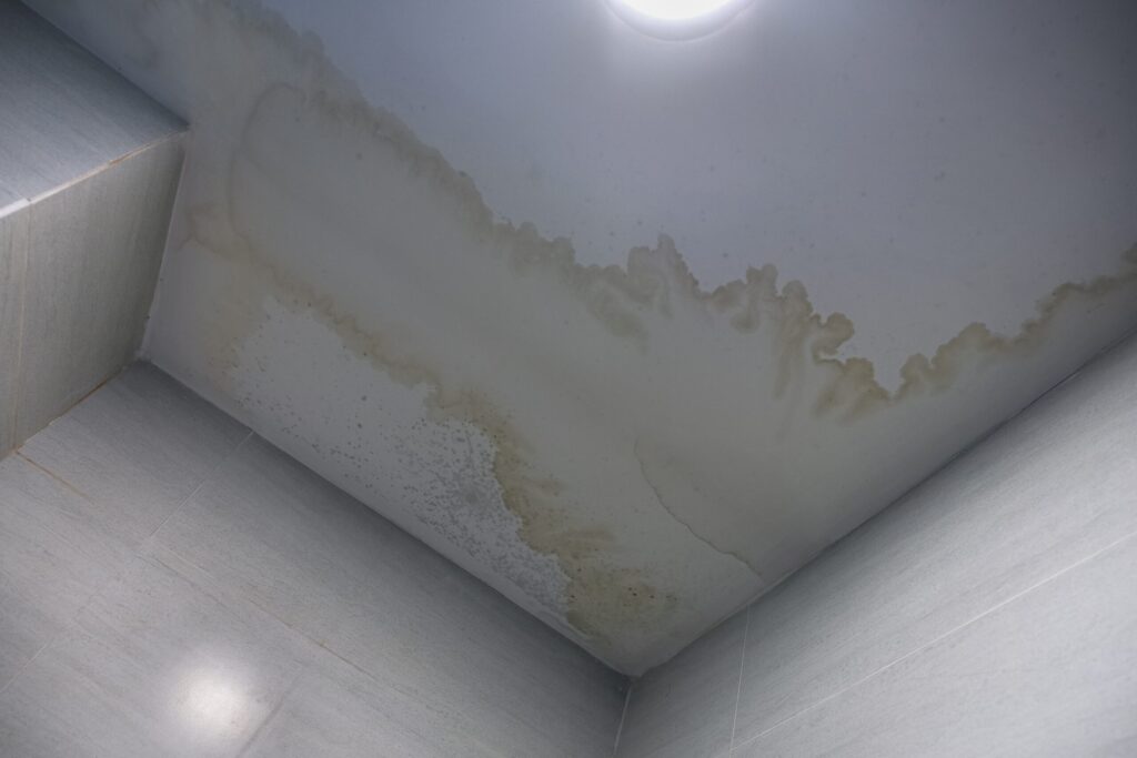 Water-damaged residential ceiling with heavy leak stains requiring professional restoration, moisture remediation, and structural repair.